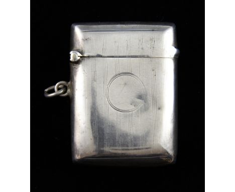 A George V silver vesta case, with vacant cartouche and engine turned decoration, by W J Myatt & Co., Birmingham 1925, 5 cm h