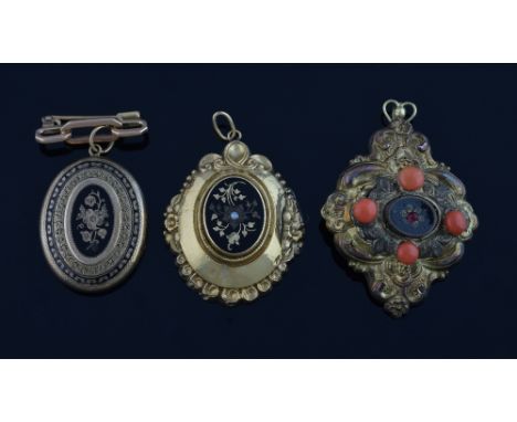  Three 19th C lockets and pendants, gold pendant with niello work, another gilt metal set with coral and one with black ename