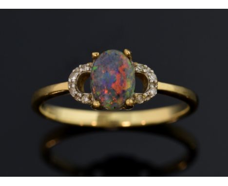 Lightening Ridge black opal and diamond ring with openwork diamond set shoulders, opal 0.40 carat, min 9 ct gold, ring size N