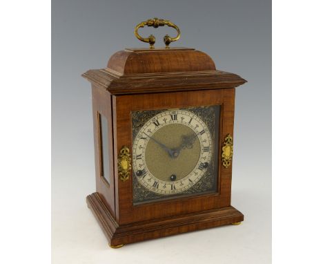 18th century  style walnut triple train mantel  clock with brass dial 33cm  with bracket .   