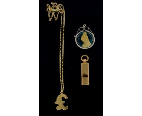 Gold whistle charm in 9ct gold ,a 9ct gold pendant and yellow metal chain and an enamel  medal .   