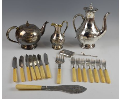 Three piece silver plated tea service, silver cigarette case and and a collection of flatware, .   