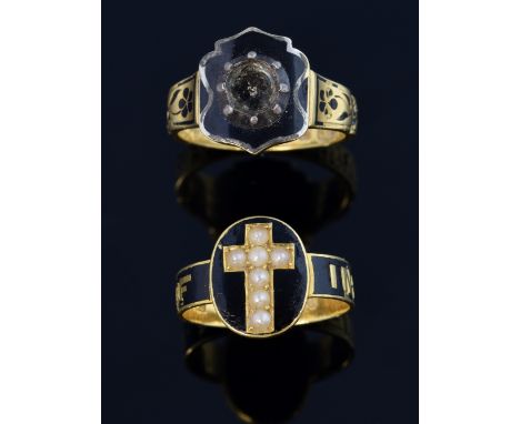 Two 19th C gold mourning rings with black enamel one with seed pearls, inscriptions dated 1848 and 1870, both 18 ct gold , ha