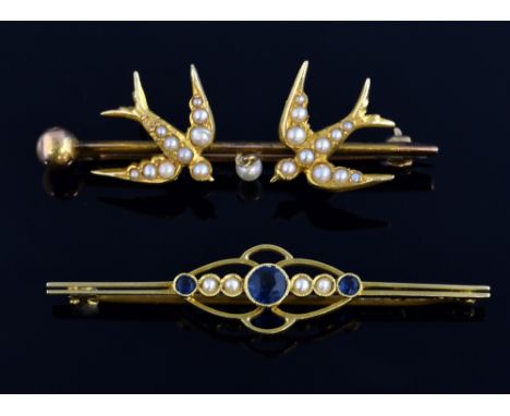   Two Edwardian brooches, bar brooch two swallows set with seed pearls, unmarked gold, and a sapphire set brooch stamped 18 c