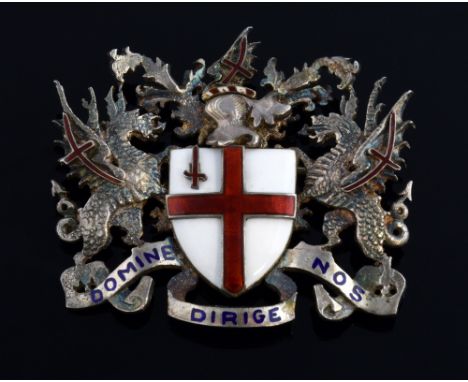 City of London Coat of Arms brooch, set with white and red enamel mounted in silver presented for the Freedom of the City of 