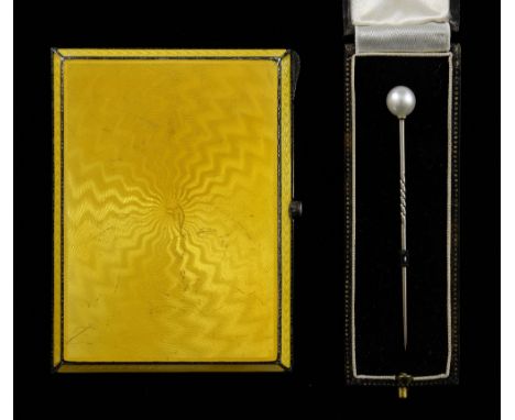 A continental silver card case, with yellow sun-burst enamelled cover, with import marks for AJ, London 1930, 8.5 cm wide, to