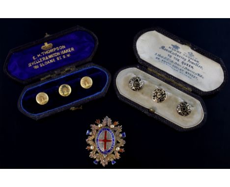 Two sets of shirt button, black enamel with gold and another pair with horse shoes and a silver gilt and enamel sweetheart br