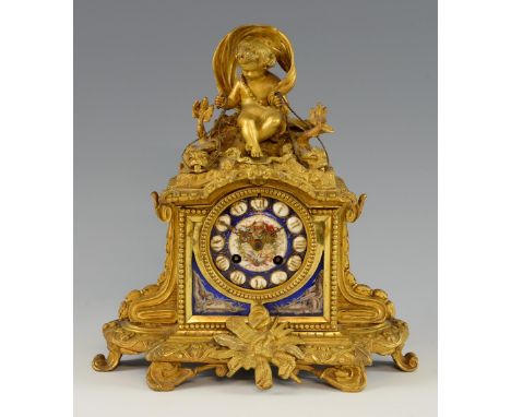 19th Century French Louis XVI style ormolu mantel clock by Raingo, Paris, the case surmounted by seated cherub, front panels 