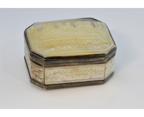  Carved mother of pearl and white metal mounted snuff box,  decorated in  relief with the last supper, base and sides carved 