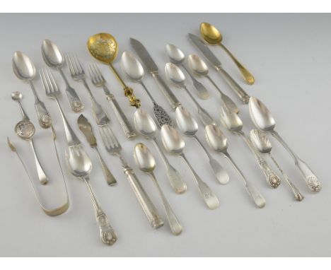 A selection of flatware, to include a  silver-gilt sifter spoon with figural finial, by Horace Woodward & Co., London 1888, a