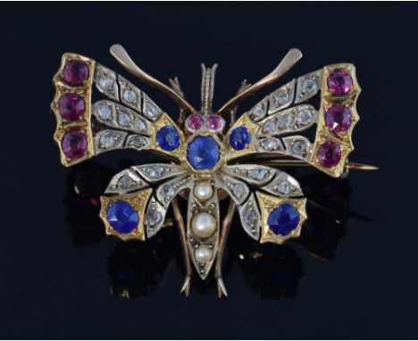 Early 20th Century butterfly brooch set with sapphire, ruby, pearl and diamond, mounted in silver and gold with a detachable 