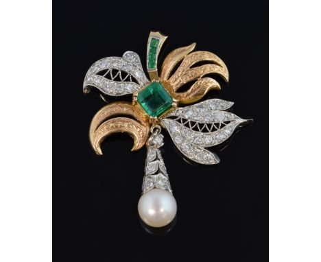 A vintage emerald, diamond and pearl pendant, set with a square cut emerald weighing approximately 0.80 carats with diamond s