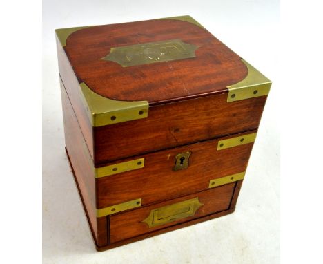 19th century mahogany and brass bound marine chronometer box converted to a jewellery box, 18 x 19cm.   Overall condition goo