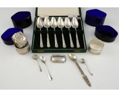 Set of six George VI silver grapefruit spoons, by Cooper Brothers & Sons Ltd., Sheffield, 1939, three napkin rings, decanter 