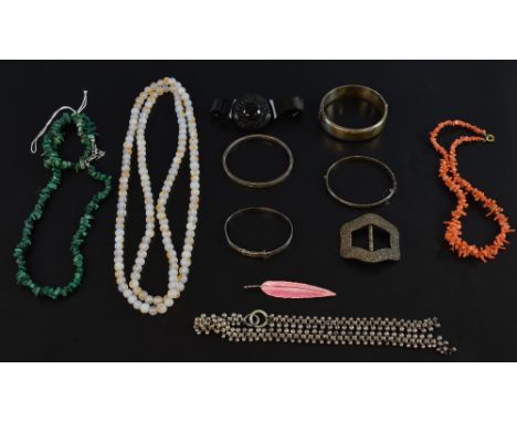 Silver items, a pink enamel feather brooch, marked sterling, Victorian beaded silver chain, silver bangles and a single Georg