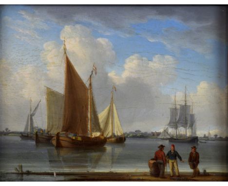 William Anderson (1757-1837) Coastal landscape, Sailing ships at anchor, with figures on the shore and sailing vessels at sea