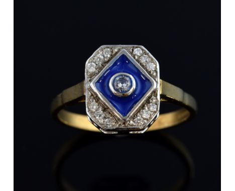 Modern diamond and blue enamel set ring in white and and yellow gold, 9 ct, ring size N 1/2 .   Gross weight 2.7 grams