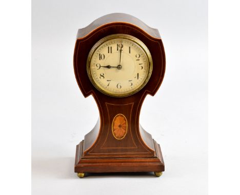 Art Nouveau mahogany and inlaid mantel clock on brass bun feet with white enamelled dial, 25cm high.   Lacking back plate, mo