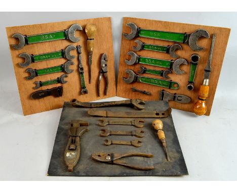 Vintage Ford spanner set, two Vintage BSA spanner sets all mounted on boards .  .  