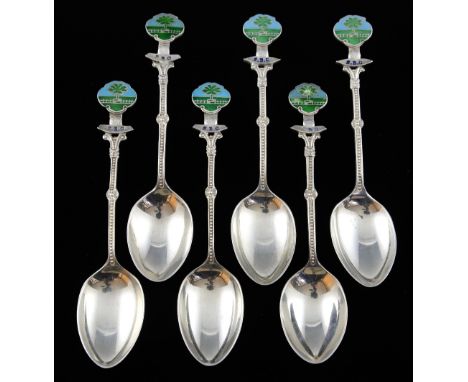 Six George V silver and enamel teaspoons, with enamelled finials, R & E, Birmingham 1924/1926/1927, 12 cm long, 82 gr. .   