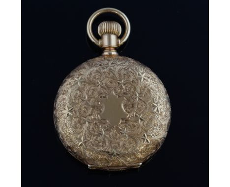 Elgin half hunter pocket watch, the enamel face with secondary dial,in finely engraved case, 14 ct gold,  .    Case in excell
