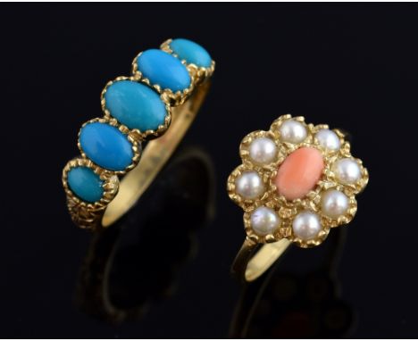 Coral and pearl set ring, ring size N and a three stone turquoise set ring, ring size P 1/2 both 9ct gold .   Gross weight 5 