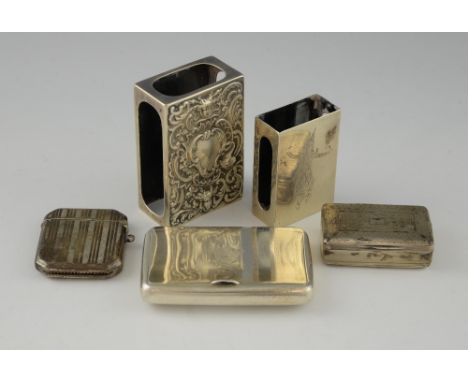 A Victorian silver cigarette case with inscription, by T Jones, London 1880, 8 cm wide, together with a silver vesta case, sn