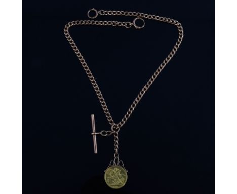 Gold Albert watch chain and full gold sovereign 1898 mounted in  pendant and a 9ct gold chain and T bar. .   Gross weight 38 