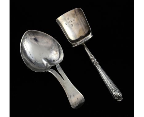 George III silver caddy spoon with heart bowl, maker's mark 'L&A', Birmingham, 1803, and a shovel form caddy spoon with fille