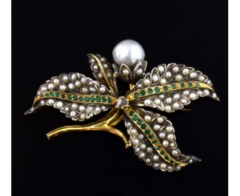  Vintage pearl emerald and diamond leaf form brooch, with one large pearl, smaller pearls, central rose cut diamond and small