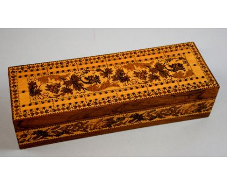 19th century Tunbridge ware cribbage board/box with scrolling foliage decoration, 6 x 24cmProvenance: part of single owner co