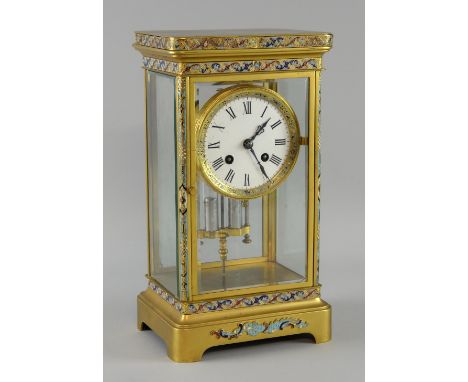 Early 20th century  four glass enamelled mantel clock with twin train movement  30cm x 17cm .   