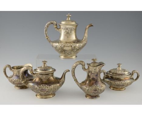 American Sterling silver five piece tea and coffee service, comprising tea pot, coffee pot, hot water pot, cream jug and suga
