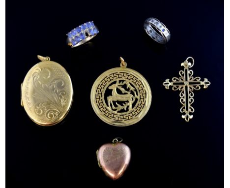 A group of gold jewellery including two lockets, two rings sizes K 1/2 and O, decorative cross pendant tested as 14 ct and de