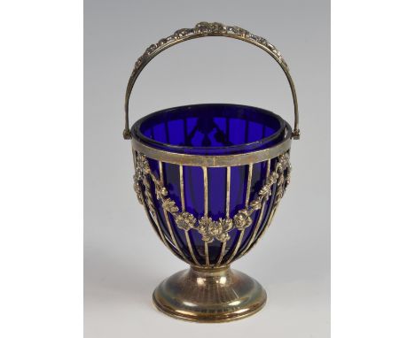Victorian silver swing-handled basket with pierced and moulded floral decoration on round foot, by Haseler Brothers, London, 