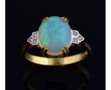 Gold ring set with large cabochon opal and diamond set shoulders, opal  approximately 2.3 carats, 11.6  x 9.7 mm, in 18 ct go