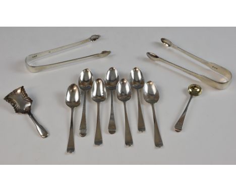George III silver shovel form caddy spoon, Birmingham, circa 1826, seven George III silver teaspoons, various dates and maker