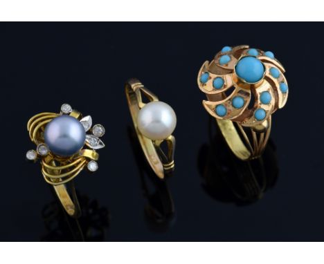 Four gold rings, including a turquoise ring, two 14ct gold pearl rings and a yellow stone ring in 9ct gold. marked 375.  Ring