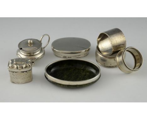 A selection of silver items to include a silver-mounted hardstone dish, Birmingham 1900 maker's mark E.B., three silver napki