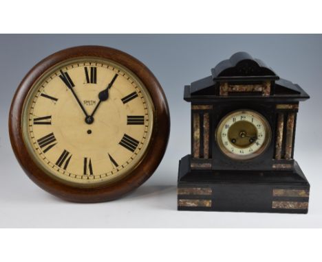 Smith 8 day oak  Railway clock 30cm diameter and a black slate  two train mantel clock.   