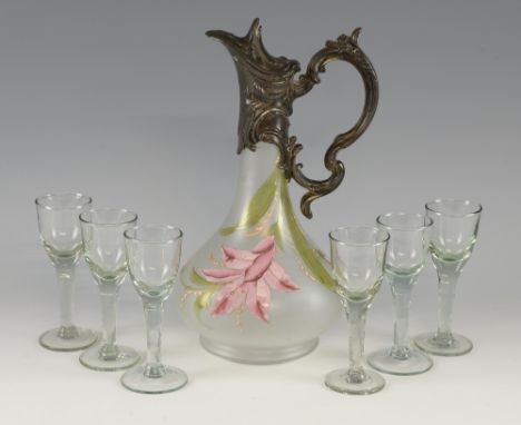 An Art nouveau glass and pewter mounted ewer hand enamelled with pink flowers and foliage, height 28cm, together with six han