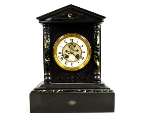 Late 19th century black slate and green marble twin train mantel clock 36cm x 28cm .   Movement not running