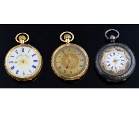 Three antique pocket  fob watches including one 15ct gold case open faced, another 14ct gold open faced with white enamel dia