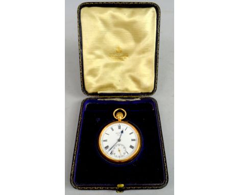 Gold open faced  Benson pocket watch, enamel face and subsidiary dial, in presentation case .   
