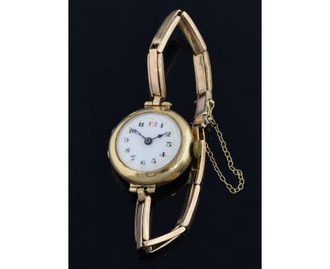 Ladies 9ct gold bracelet cocktail watch, white enamel dial with Arabic numerals, manual winding movement. .   Gross weight 18