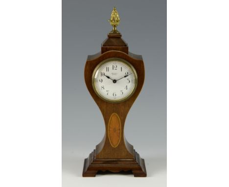 Edwardian mahogany and inlaid mantel clock, 36cm high,.   In working order but we do not guarantee this it keeps good time