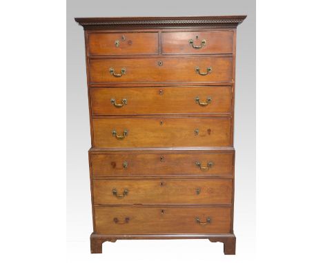 19th century mahogany chest on chest of two short over six long graduated drawers, on bracket feet, 178cm x 117cm x 56cm,.   