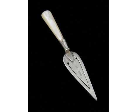A George V silver novelty bookmark in the form of a trowel, with mother-of-pearl handle, by Adie & Lovekin Ltd., Birmingham 1