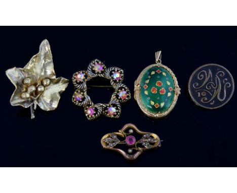 Green and red enamel and gold locket, and an  antique brooch both 9 ct, a Danish Flora Danica silver gilt brooch and two othe