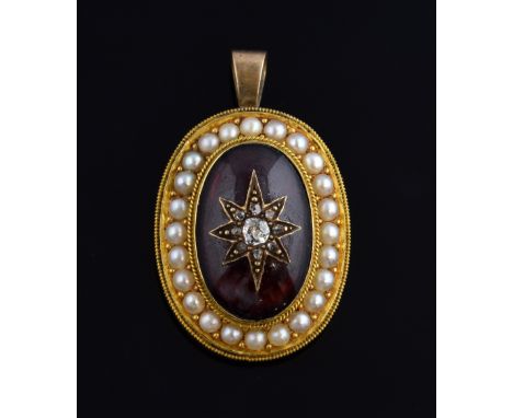 Victorian garnet set pendant the centre set with an old cut diamonds, with pearl surround, closed back setting, (converted fr